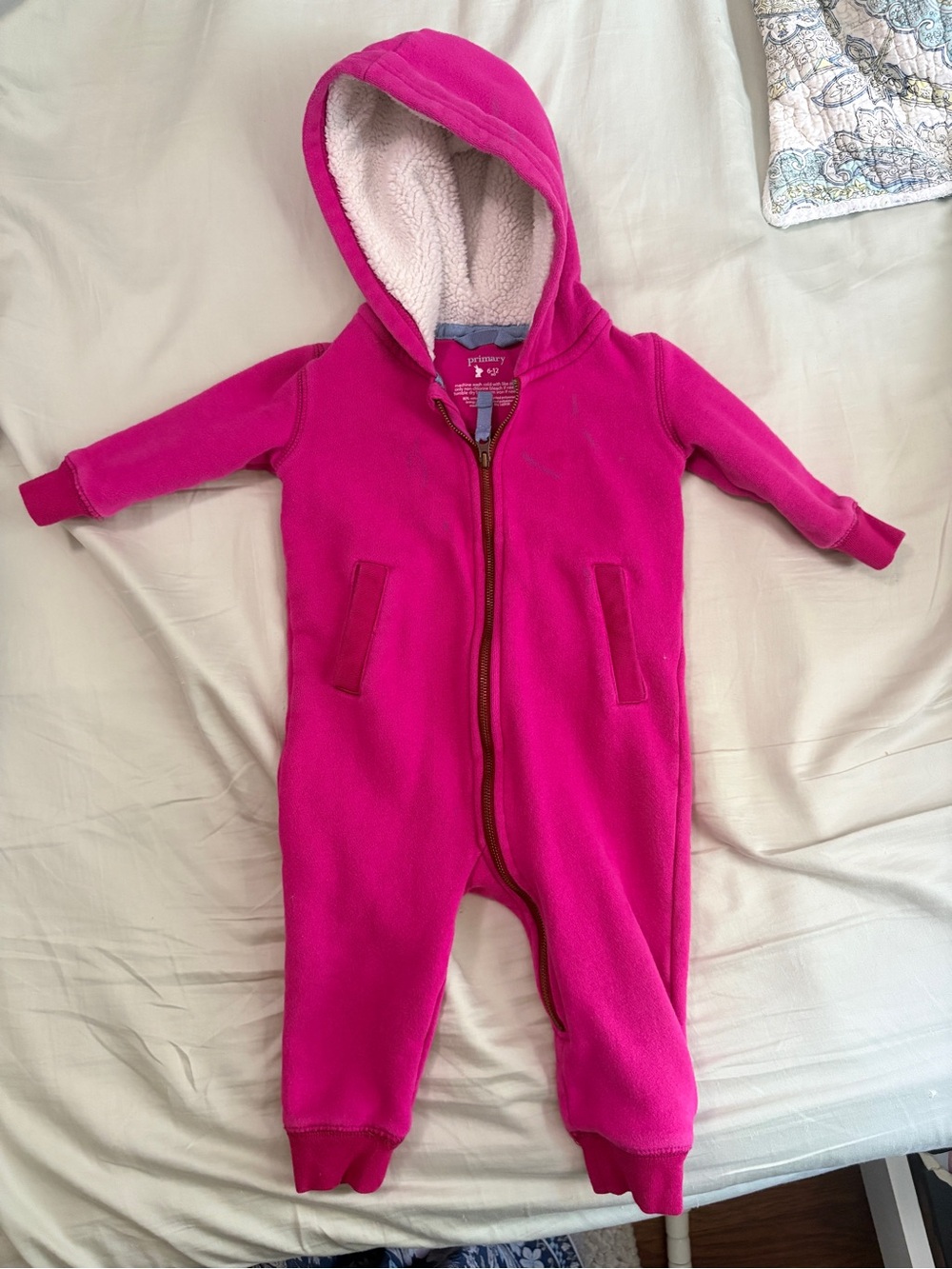 Primary Bright Fuchsia Hooded One-Piece Fleece Bodysuit